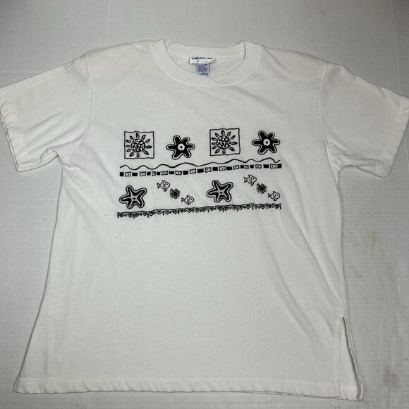 Vintage Suburbans Women White Beaded T-shirt Top Nautical Black Fish Stars Sz M - Picture 3 of 5